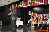 Paul Nguyen congratulates graduates of the Newcomer Orientation Week (NOW) program at Jarvis Collegiate Institute